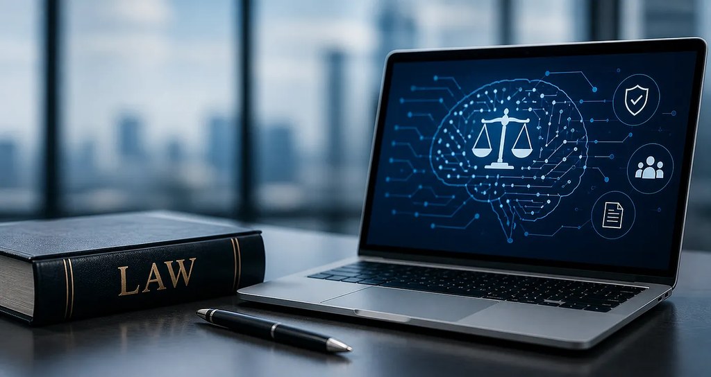 A bound law volume and a pen beside a laptop displaying a circuit-traced brain holding a set of scales, with icons for oversight, participants and documentation.