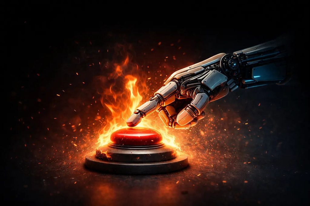 A robotic hand pressing a red button ringed with flame in a darkened room, sparks scattering around it.