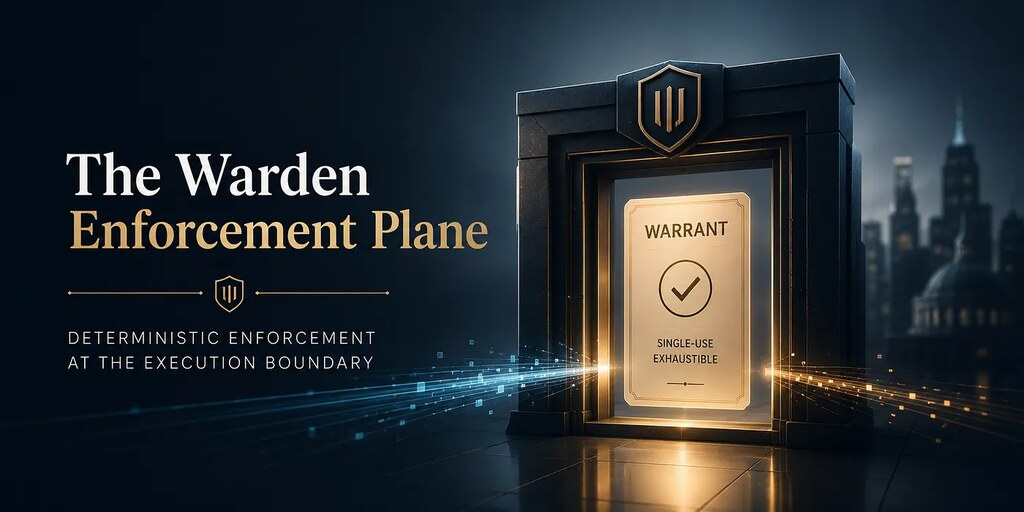 The Warden Enforcement Plane: a stone gateway framing a single glowing warrant marked single-use and exhaustible.