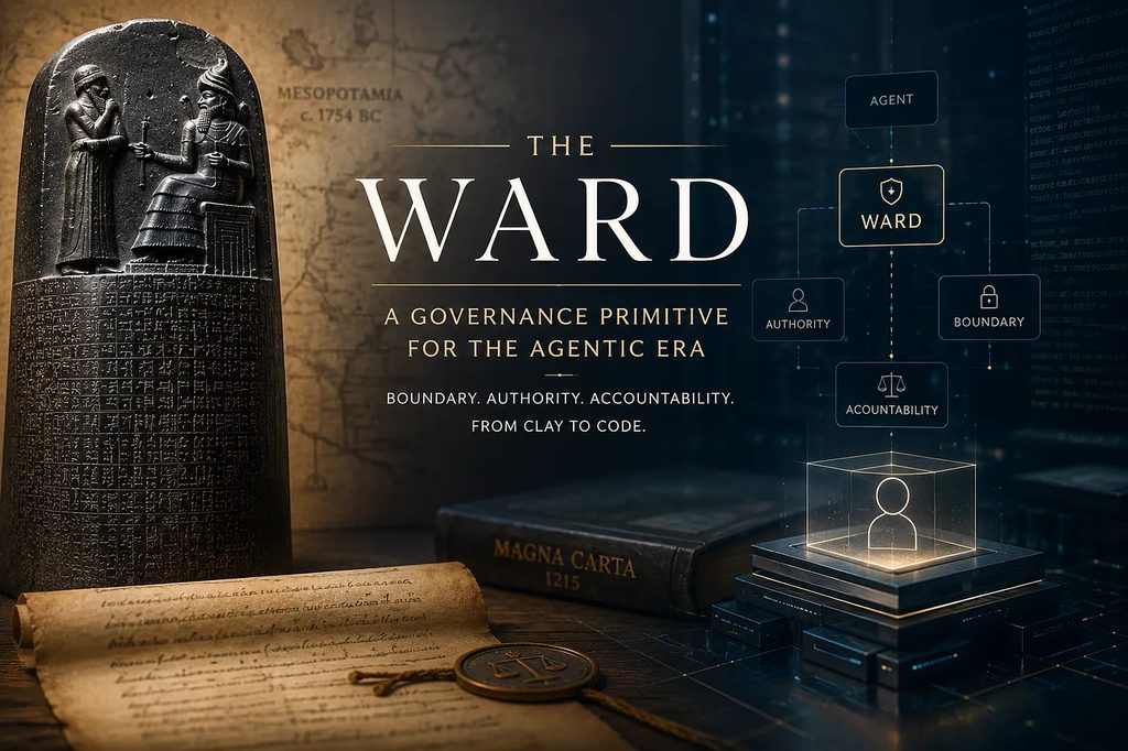 The Hammurabi stele, a Magna Carta volume and a scroll on a desk, beside a diagram in which an agent resolves through a Ward to authority, boundary and accountability.