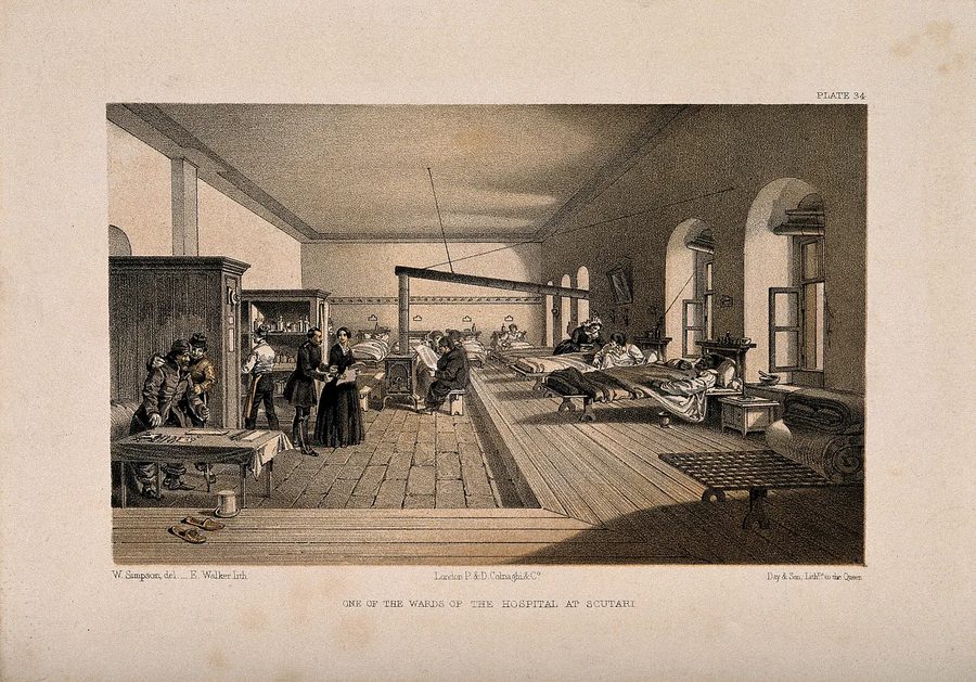 A tinted lithograph of a long hospital ward at Scutari: two rows of beds along a colonnaded room, with nurses and orderlies attending patients.